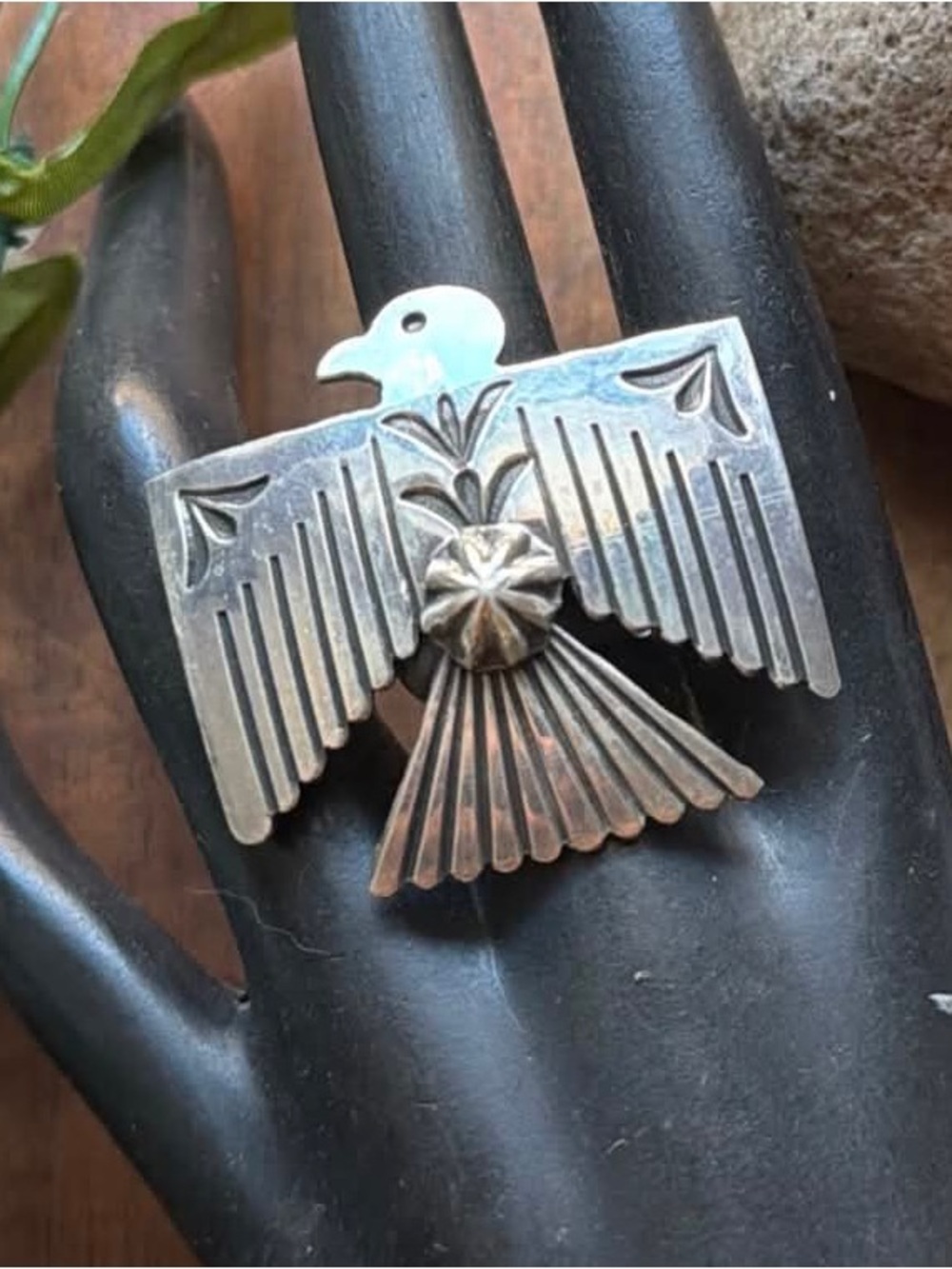 Navajo Sterling Silver Thunderbird Stamped Adjustable Ring Sunshine Reeves
